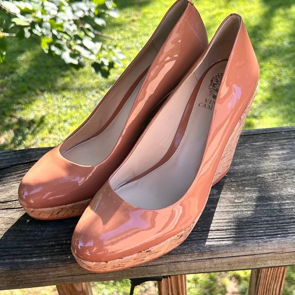 Vince Camuto Wedges Faran Size 10‎ Nude Patent Leather Cork Platform Boho Chic